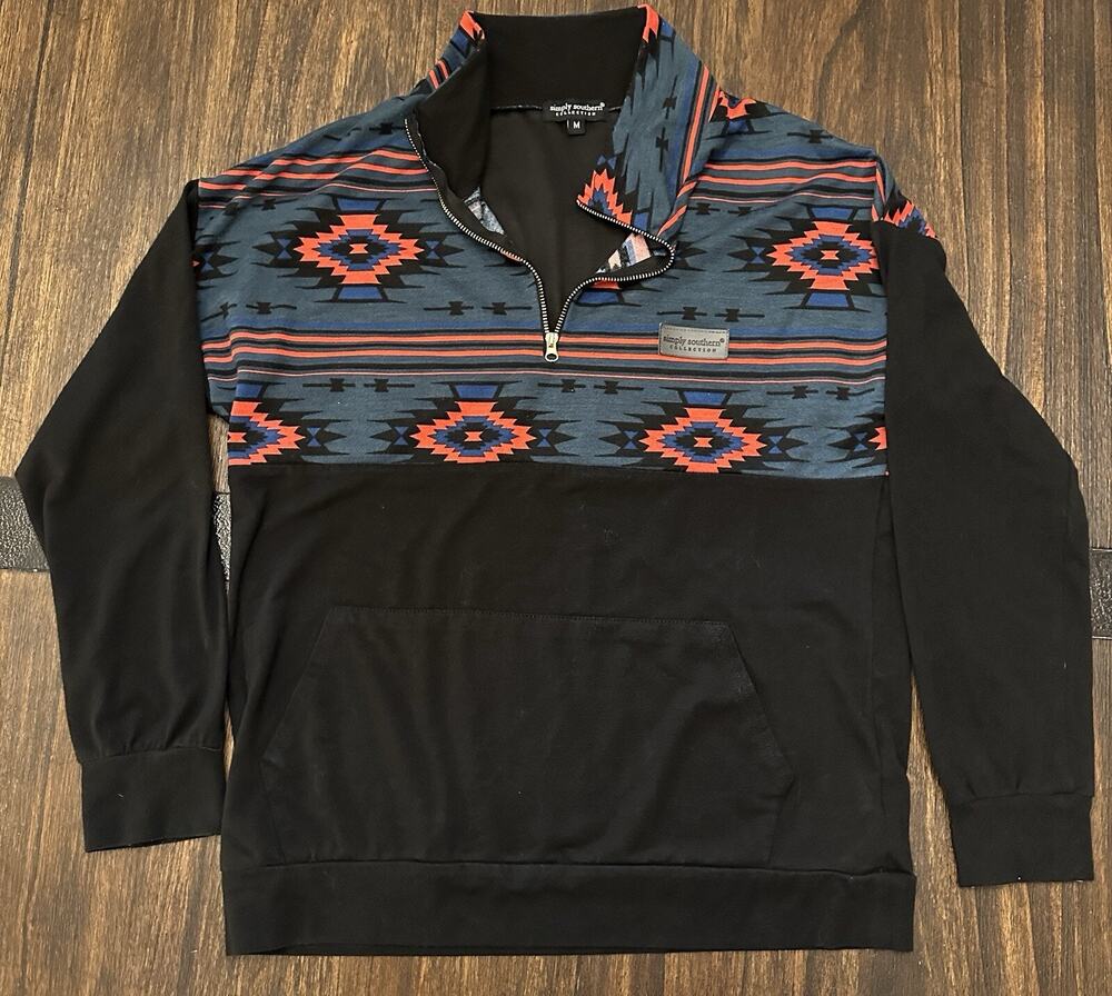 Simply Southern Aztec Print Pullover with Sequined Gold Bear on Back Size Medium